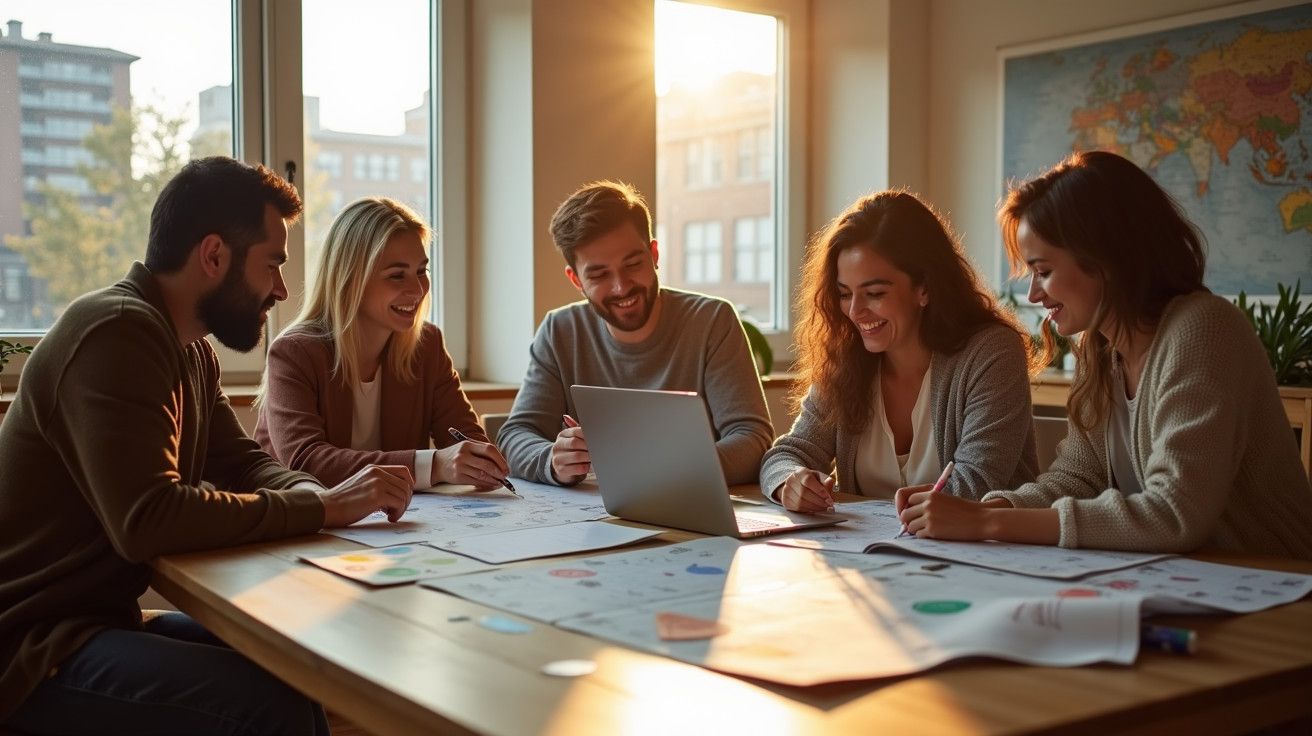 Grupo de cinco pessoas sorridentes a trabalhar num projeto em volta de uma mesa com um portátil, mapas e papéis, ao pôr do so