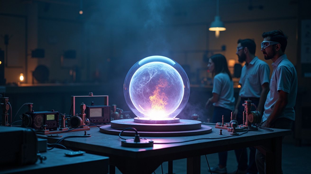 Laboratório com cientistas a observar uma esfera de energia luminosa em cima de uma mesa cheia de equipamentos científicos.