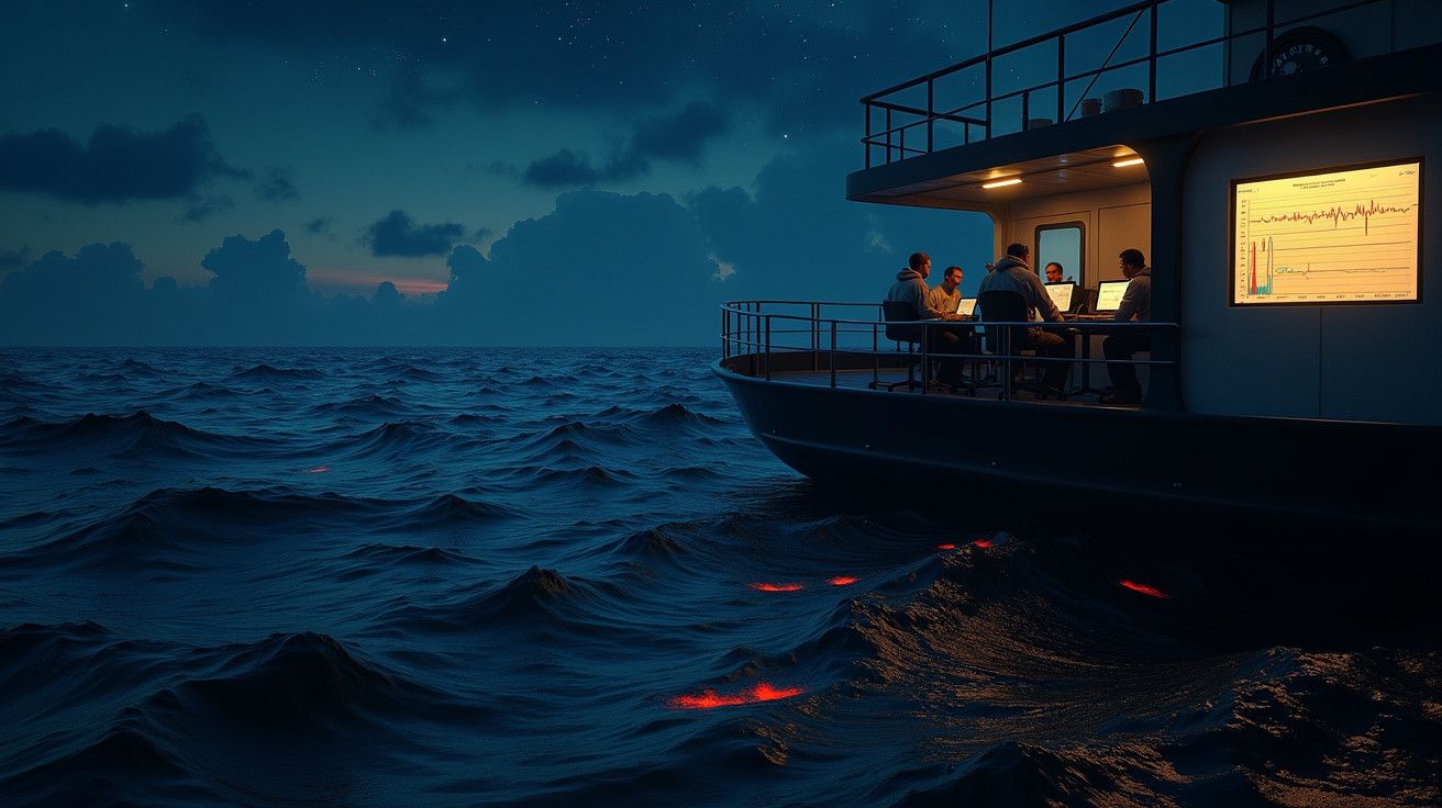 Grupo de pessoas trabalha com computadores num barco à noite, mar com águas agitadas e céu estrelado ao fundo.