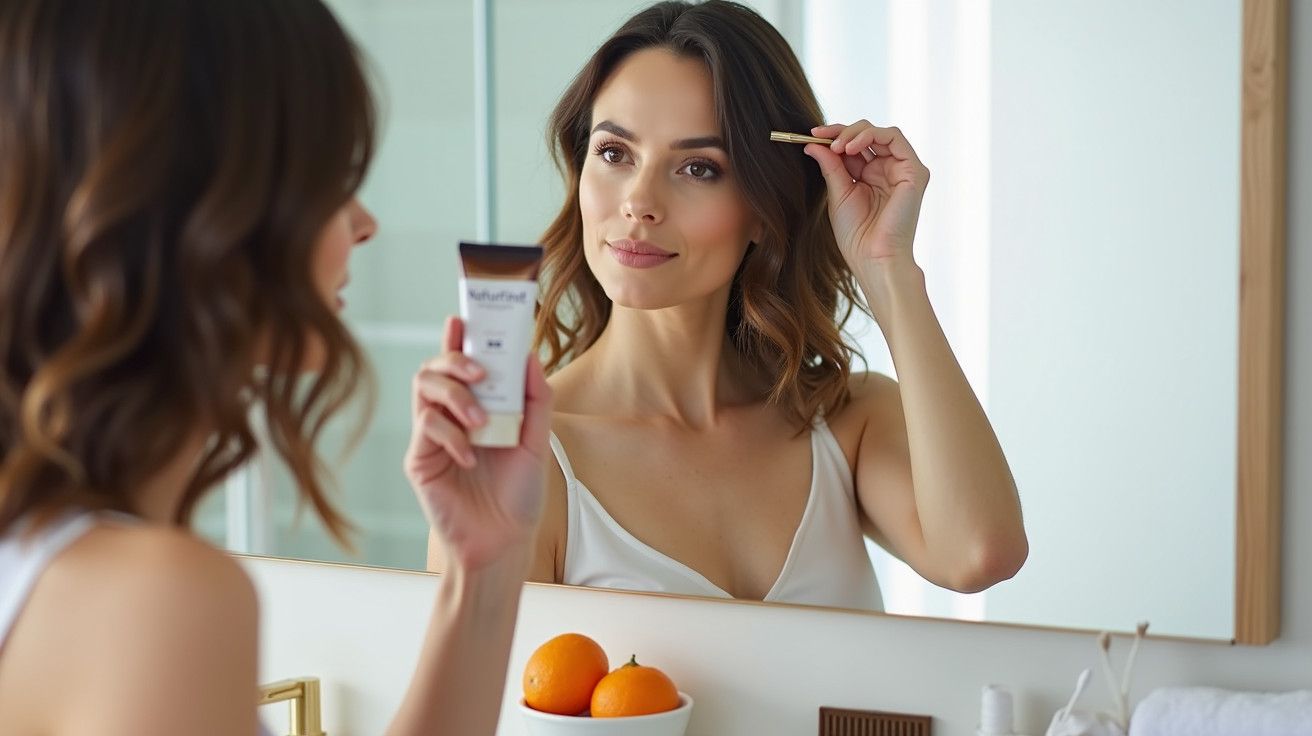 Mulher à frente de espelho, segurando creme facial e aplicando maquilhagem. Taça com laranjas em primeiro plano.