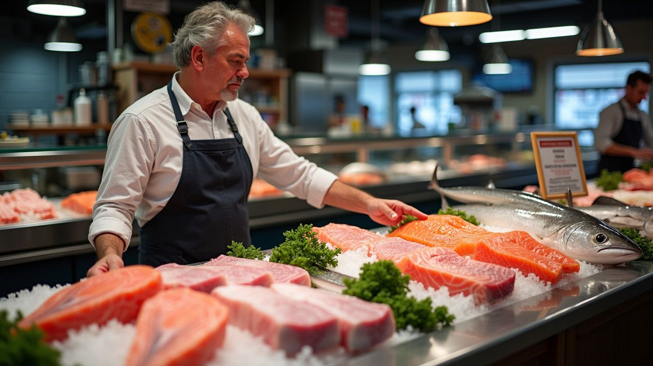Homem de avental azul organiza peixes frescos numa bancada com gelo e salsa num mercado de pescado iluminado.