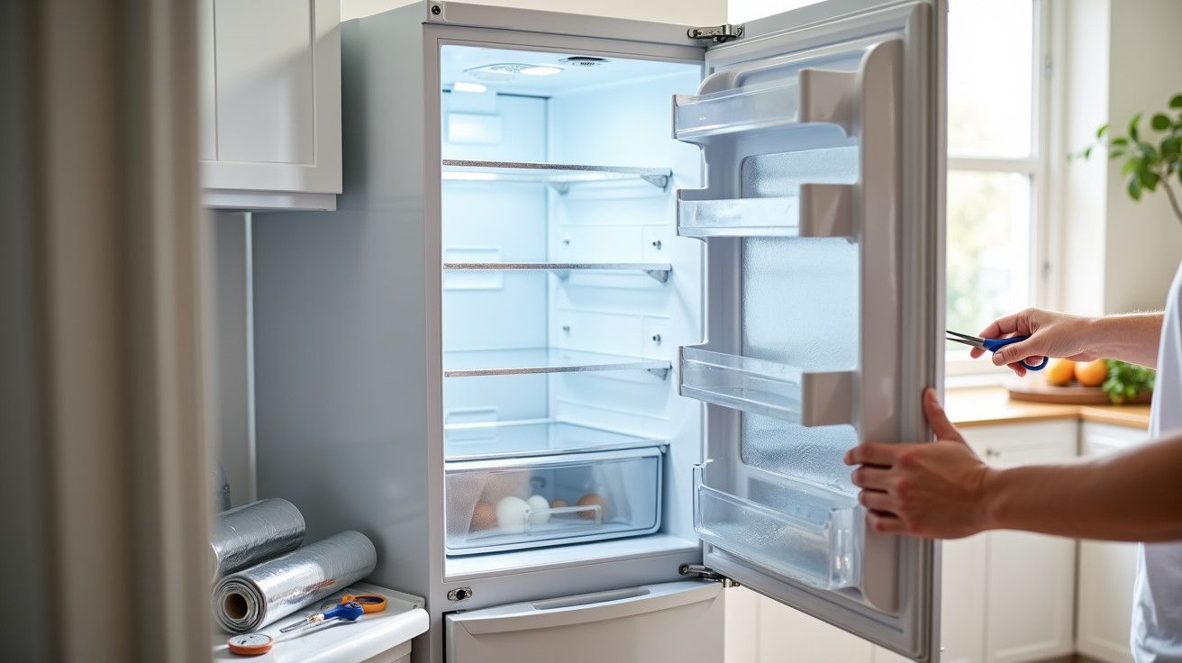 Pessoa a consertar um frigorífico aberto numa cozinha iluminada.