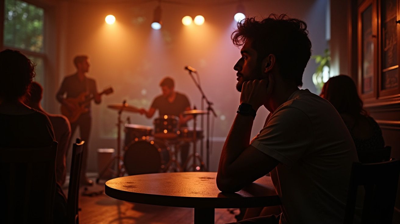 Homem sentado em café, assistindo a banda tocar ao vivo em palco iluminado por luzes coloridas.