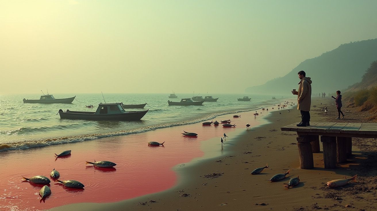 Homem numa praia ao pôr-do-sol, com barcos e peixes na areia. Água tingida de vermelho e montanhas ao fundo.