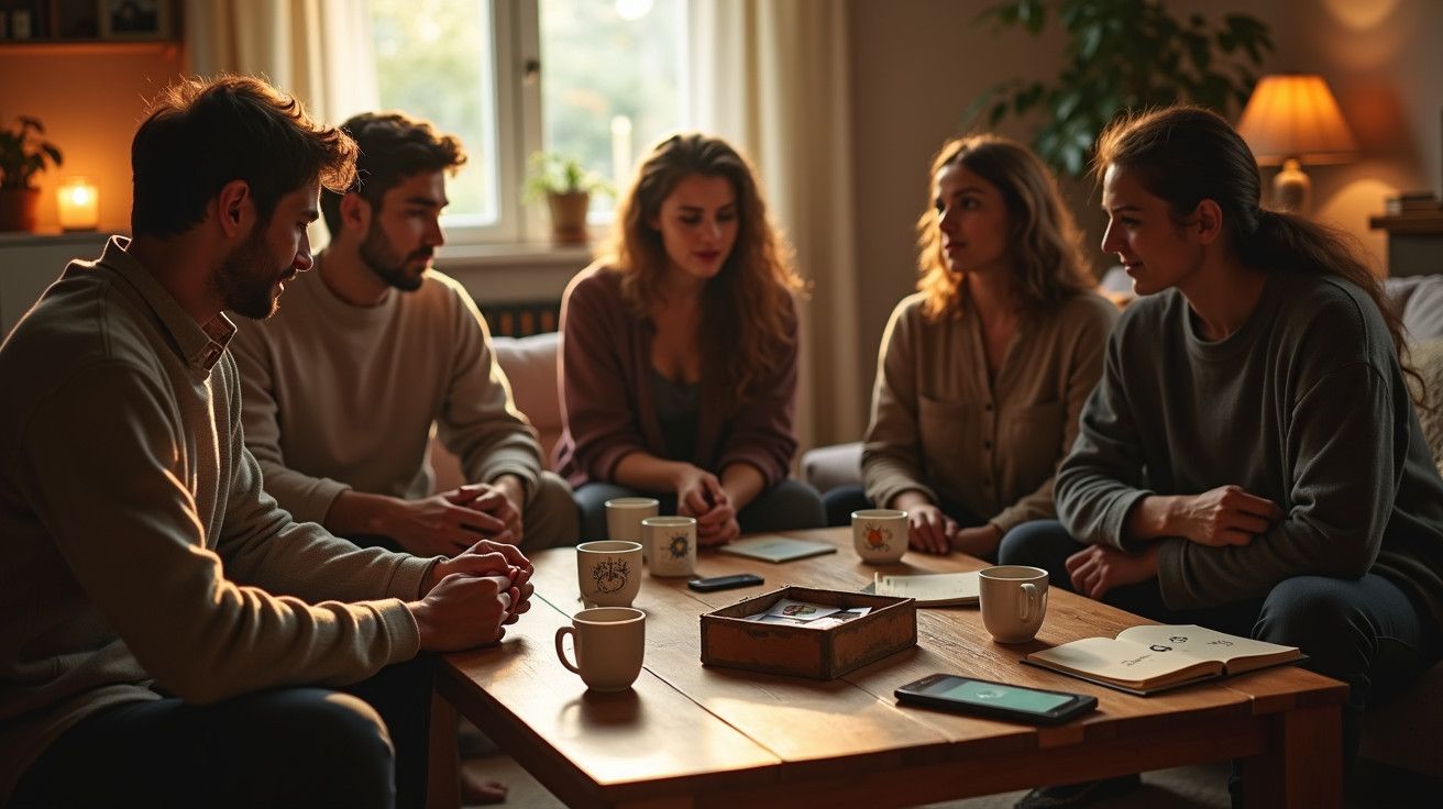 Grupo de cinco pessoas sentadas ao redor de uma mesa de café, conversando em ambiente acolhedor e iluminado.