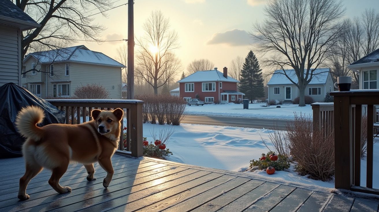 Cão a caminhar num alpendre nevado ao pôr do sol, com casas e árvores ao fundo.