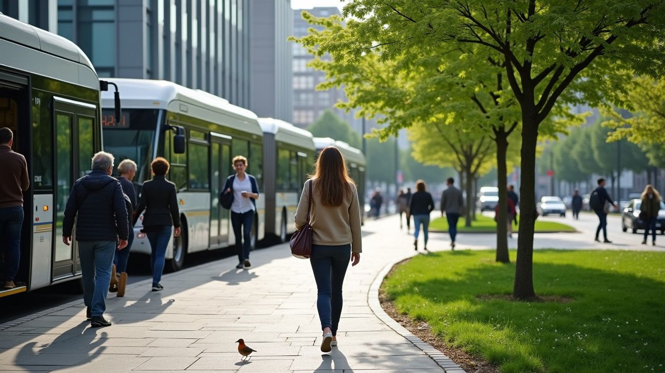 Mulher a caminhar numa rua com árvores e autocarros parados. Pessoas à volta e um pássaro no passeio.