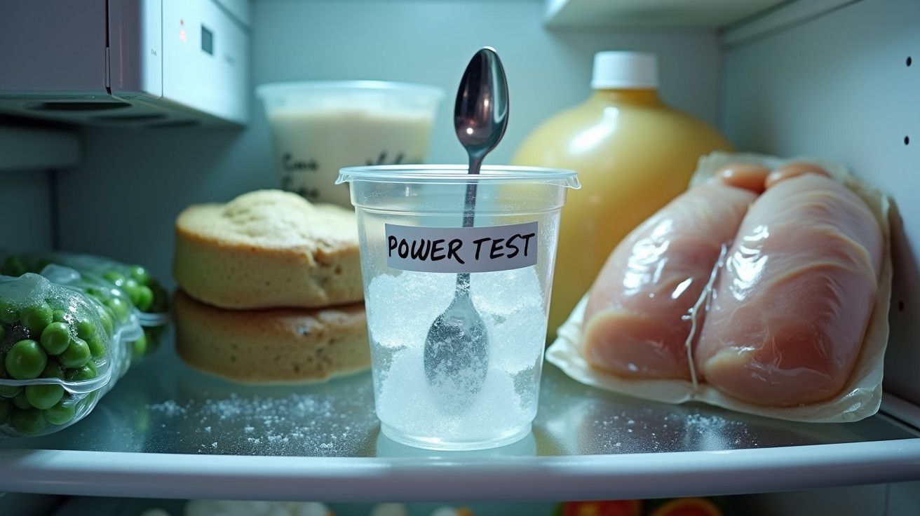 Taça com gelo e colher rotulada "Power Test" num frigorífico, rodeada de comida e bebidas.