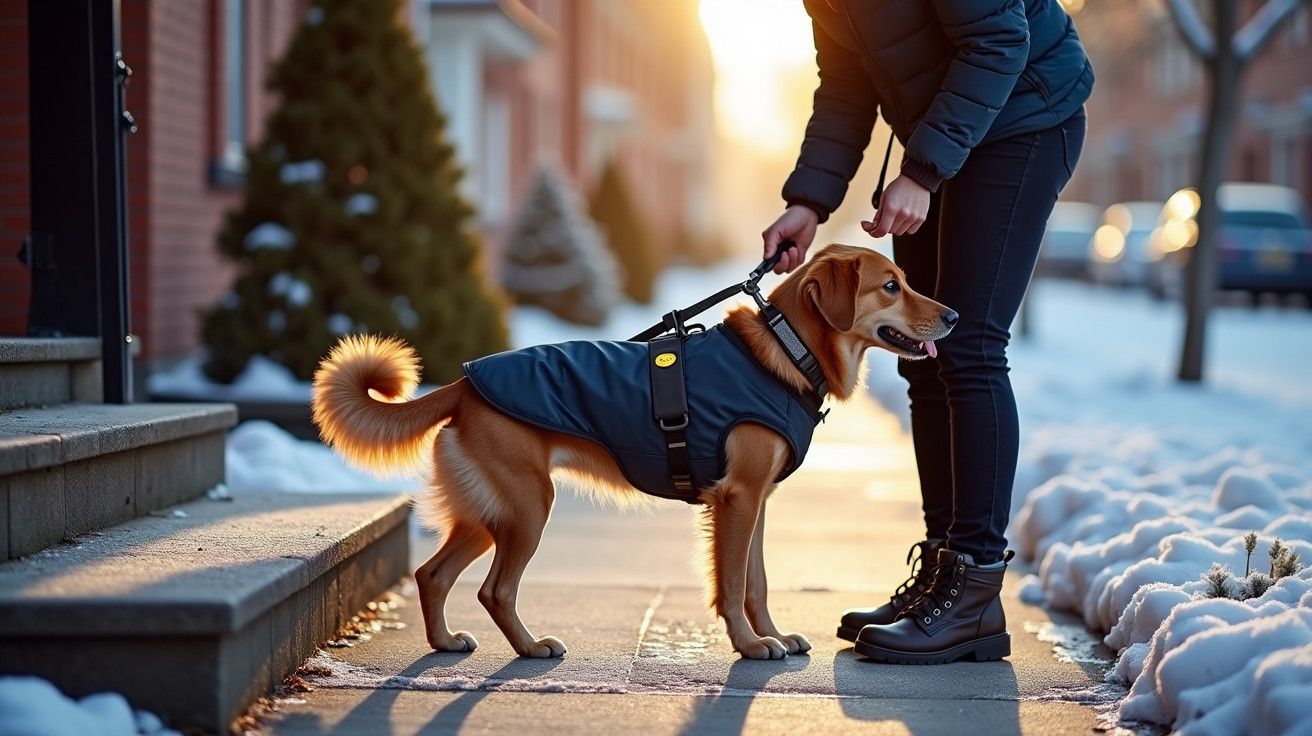 Pessoa veste casaco em cão durante passeio de inverno em calçada coberta de neve, com sol ao fundo.