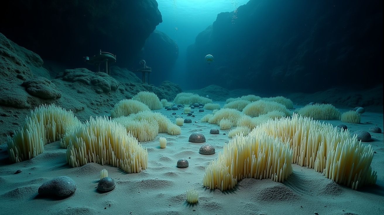 Fundo do mar com formações de areia em caverna subaquática, com luz azulada e águas tranquilas.
