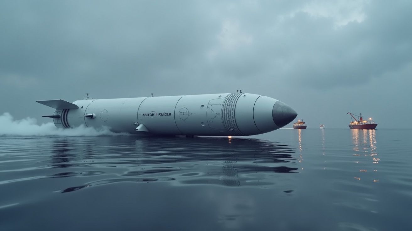 Foguete grande flutua na água ao entardecer, com nuvens ao fundo e barcos iluminados à distância.