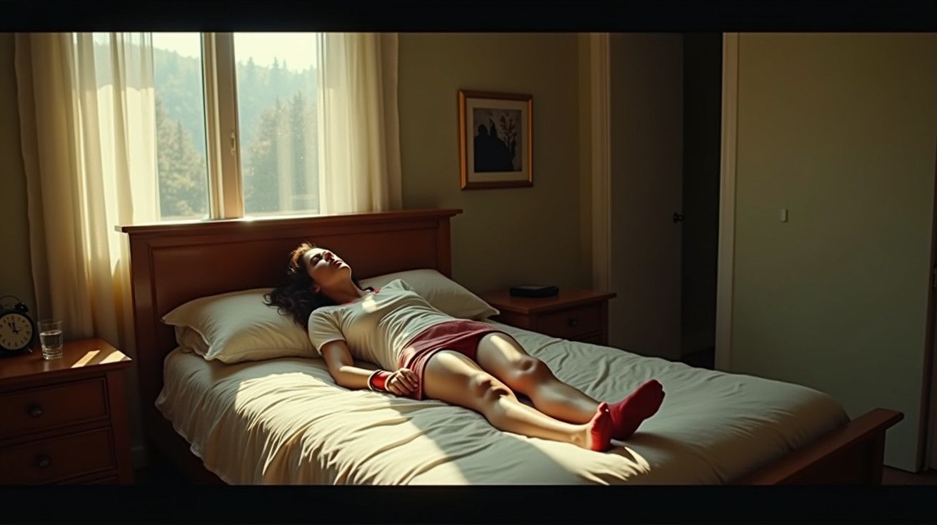 Mulher deitada de costas numa cama, mãos juntas, num quarto iluminado por luz solar suave.