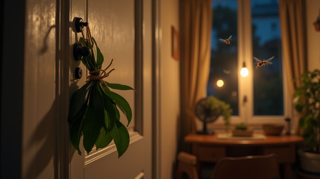 Folhas presas a uma porta em casa, com janela ao fundo iluminada por lâmpadas e insetos voando.