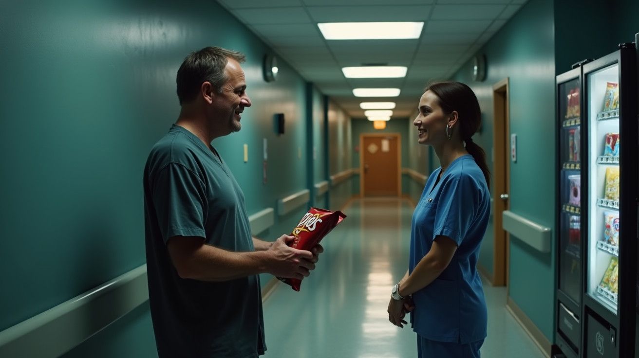 Dois profissionais de saúde conversam num corredor de hospital perto de uma máquina de venda automática.