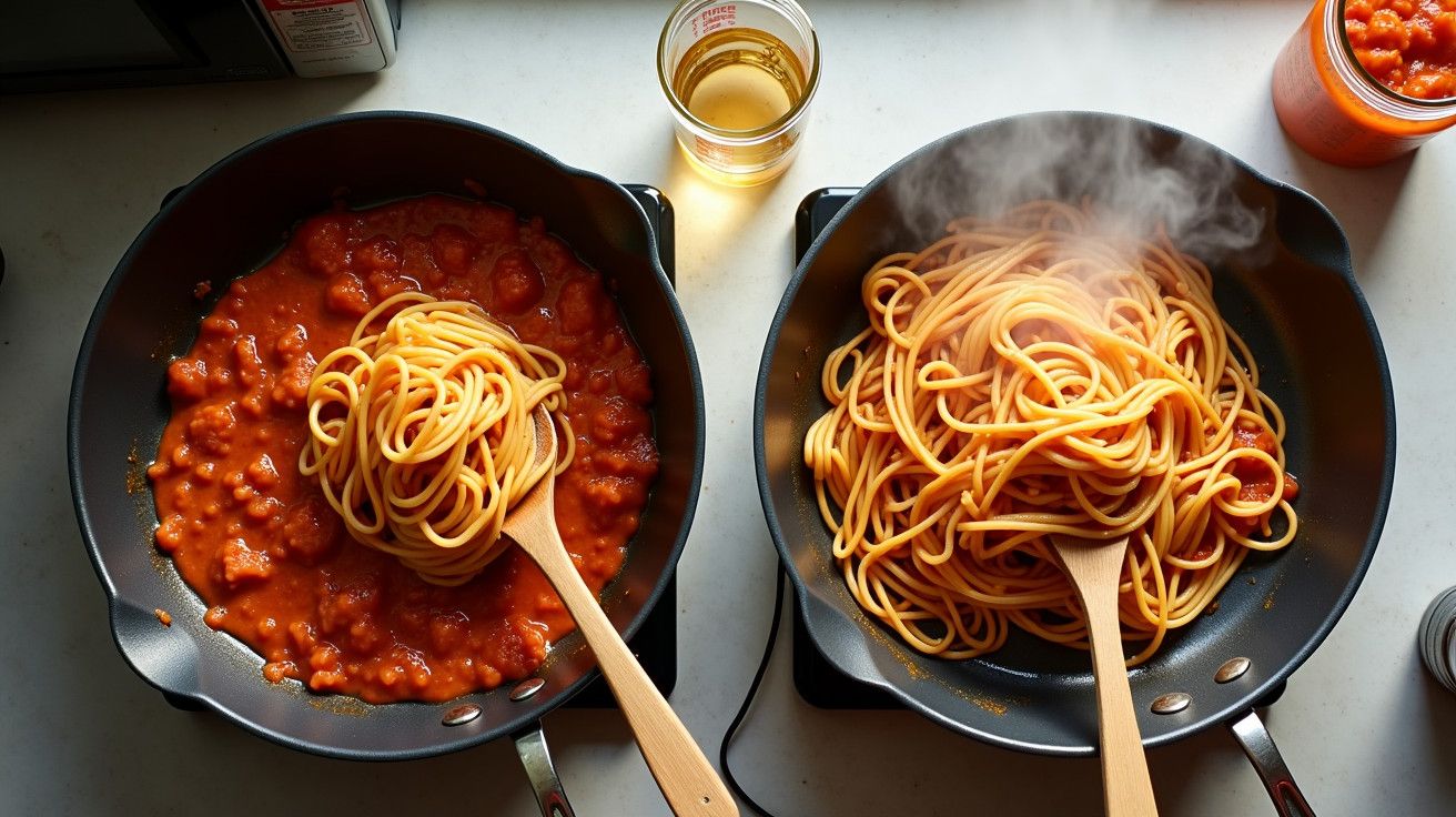 Dois tachos com esparguete e molho de tomate, um copo de vinho e um frasco de molho sobre a mesa.