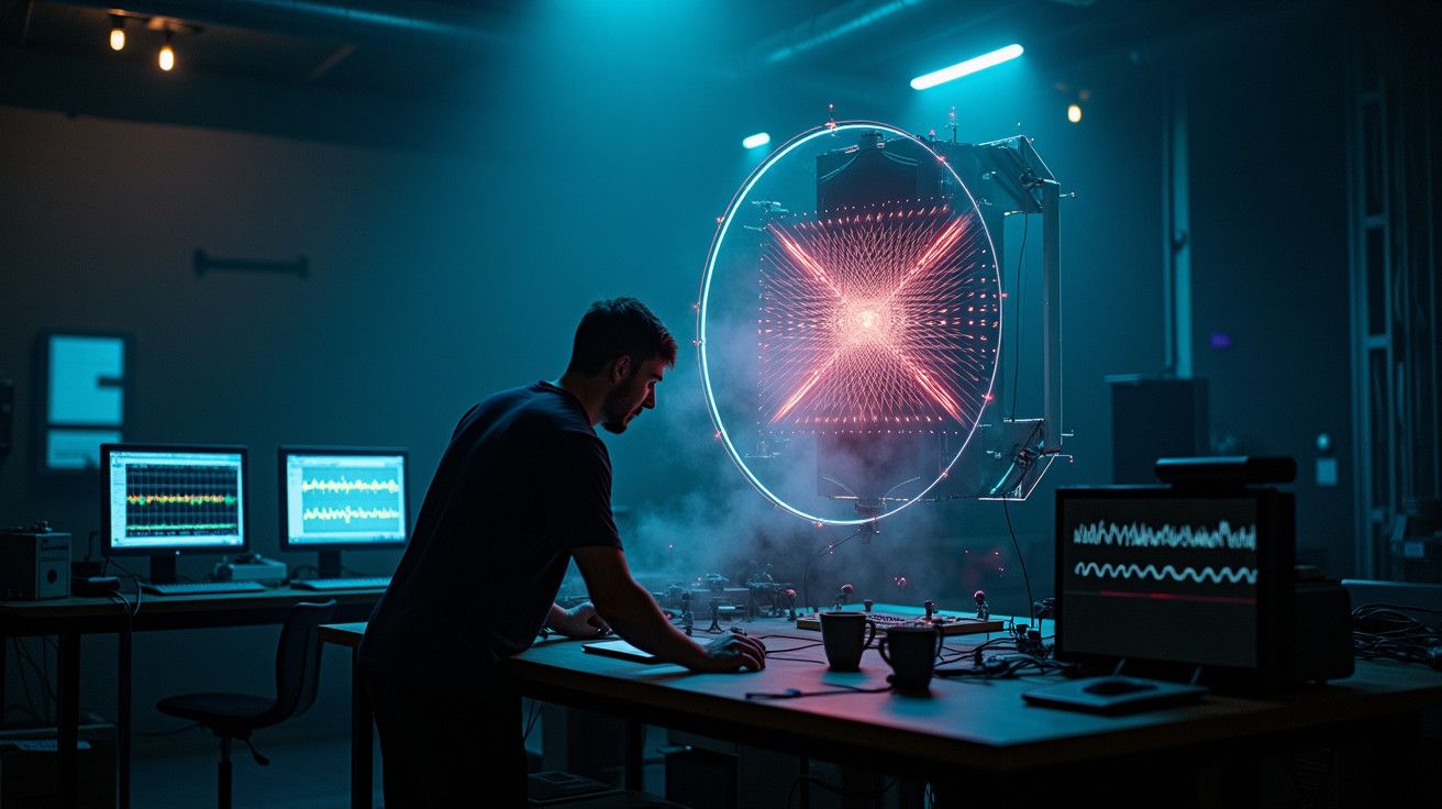 Homem trabalha em laboratório com dispositivos eletrónicos, tela circular com luzes vermelhas ao fundo, ambiente escuro.