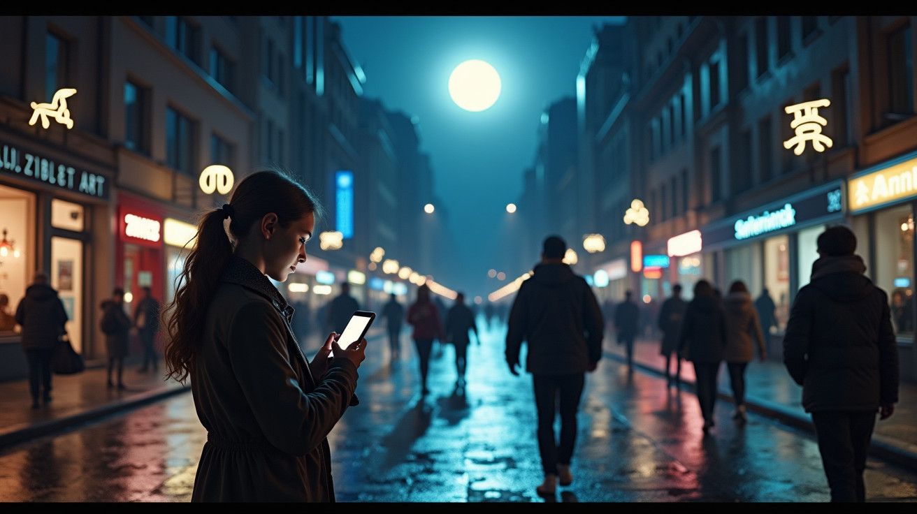 Mulher usando smartphone numa rua iluminada à noite, com letreiros de néon e lua cheia ao fundo.