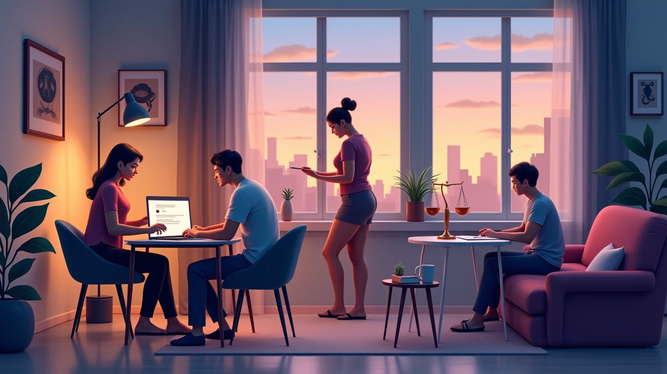 Três pessoas em sala de estar ao entardecer, duas em computadores e uma servindo chá. Vista de cidade ao fundo.