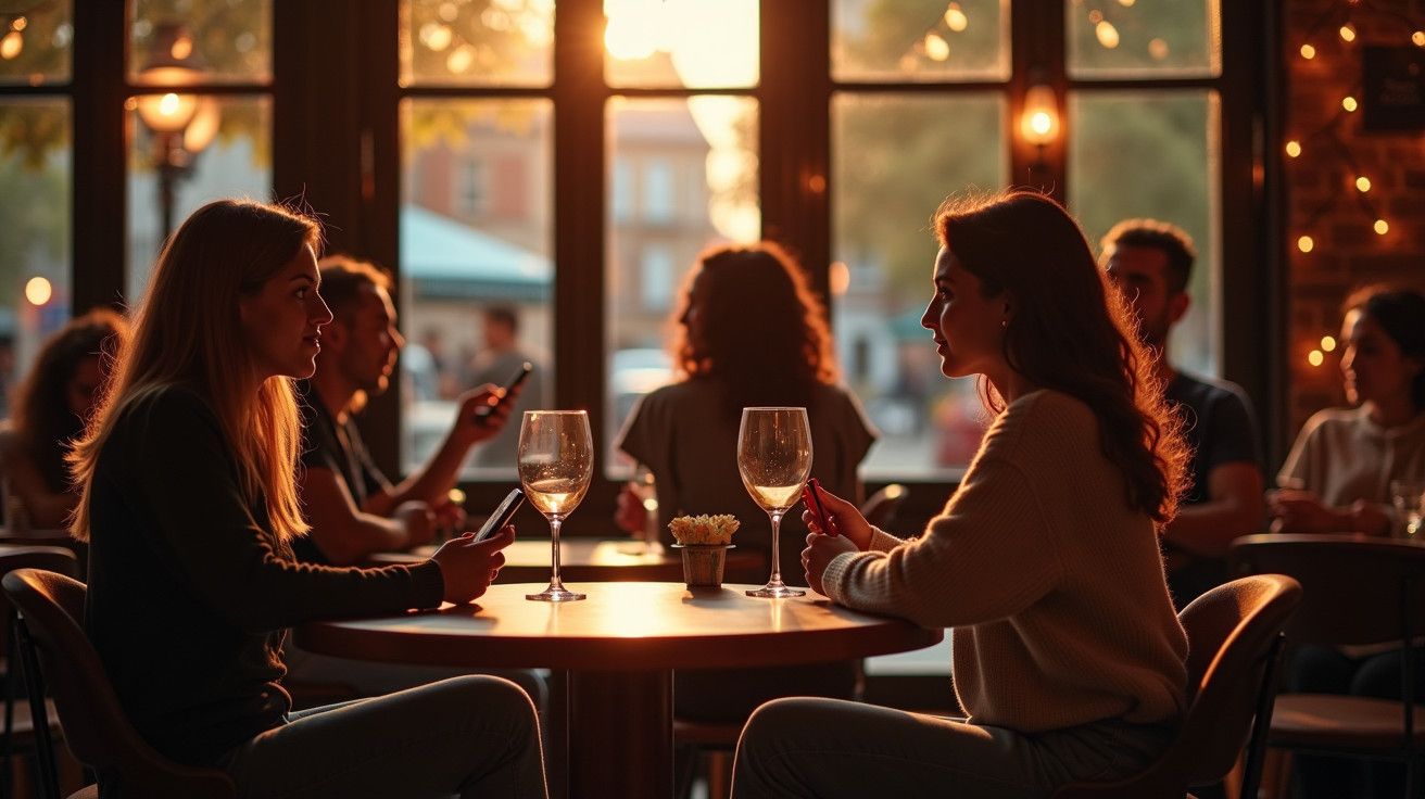 Duas mulheres conversam num café ao pôr do sol, com copos de vinho na mesa e luz suave ao fundo.