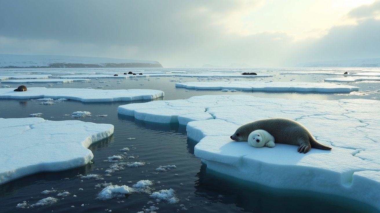 Foca adulta e cria descansam em placa de gelo flutuante no mar, ao pôr do sol, rodeadas por gelo e água calma.