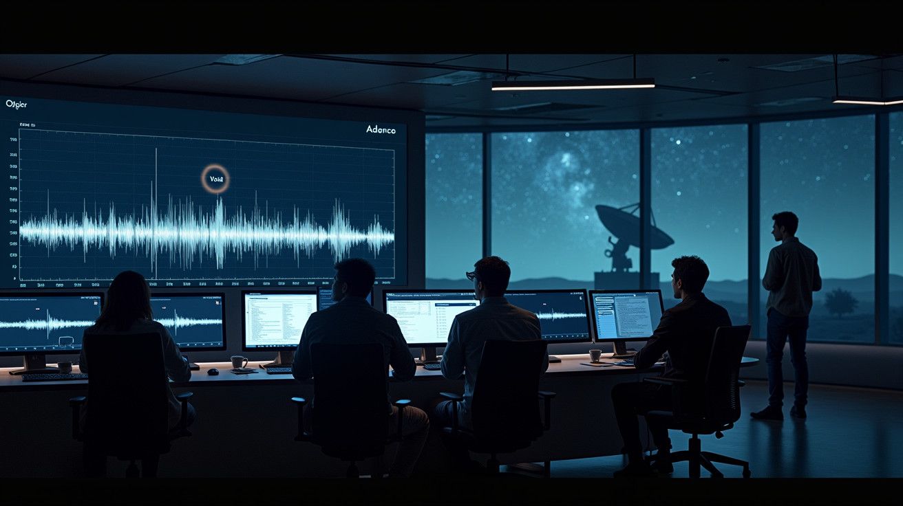 Sala de controlo com cinco pessoas a analisar dados em monitores, janelas mostram antena parabólica e céu estrelado.