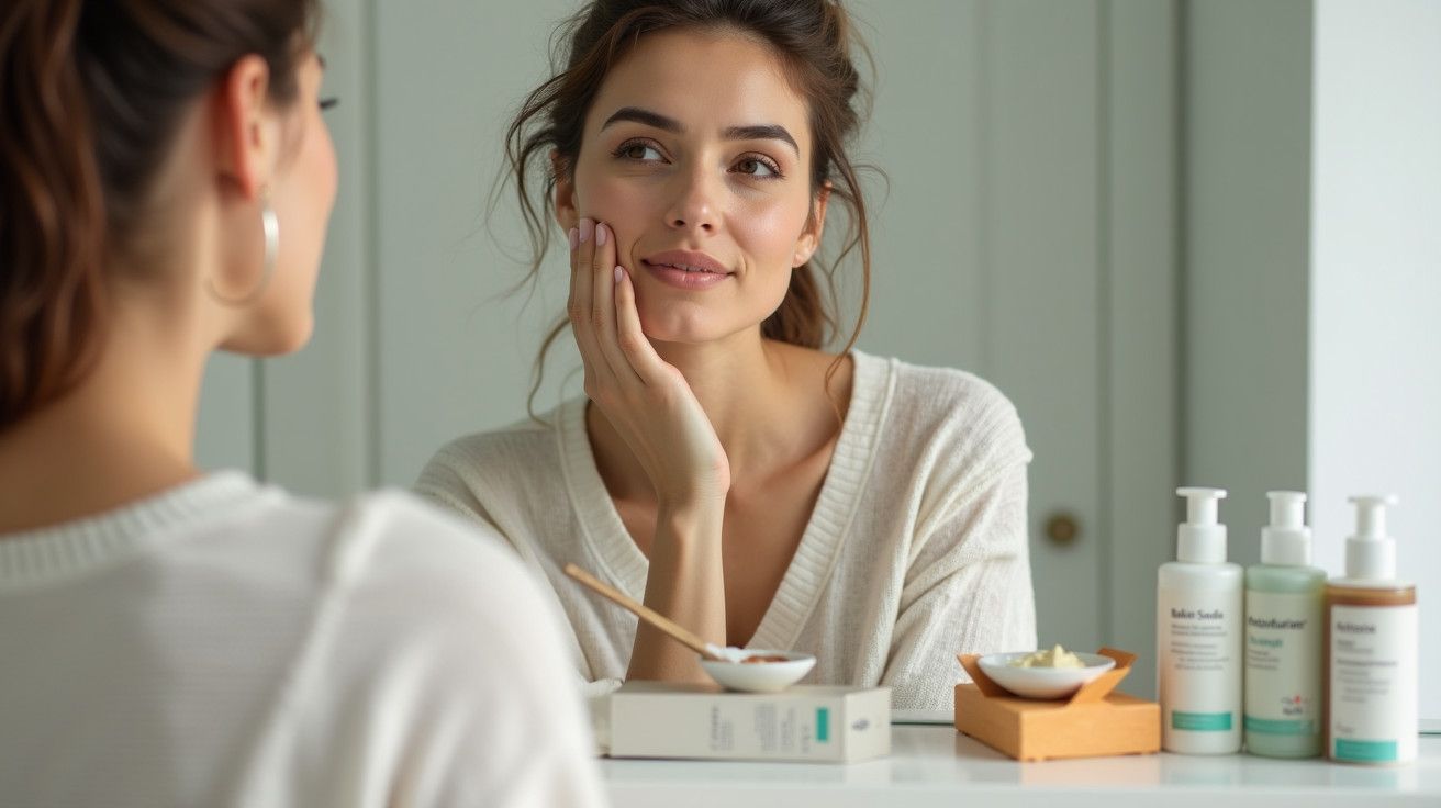 Mulher olhando-se ao espelho com produtos de cuidado de pele sobre a mesa.