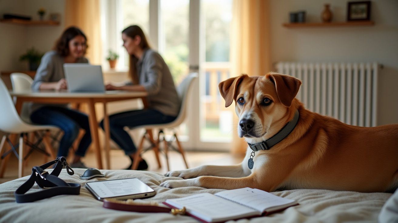 Cão castanho deitado na cama com coleira perto de um caderno, enquanto duas pessoas trabalham num portátil ao fundo.