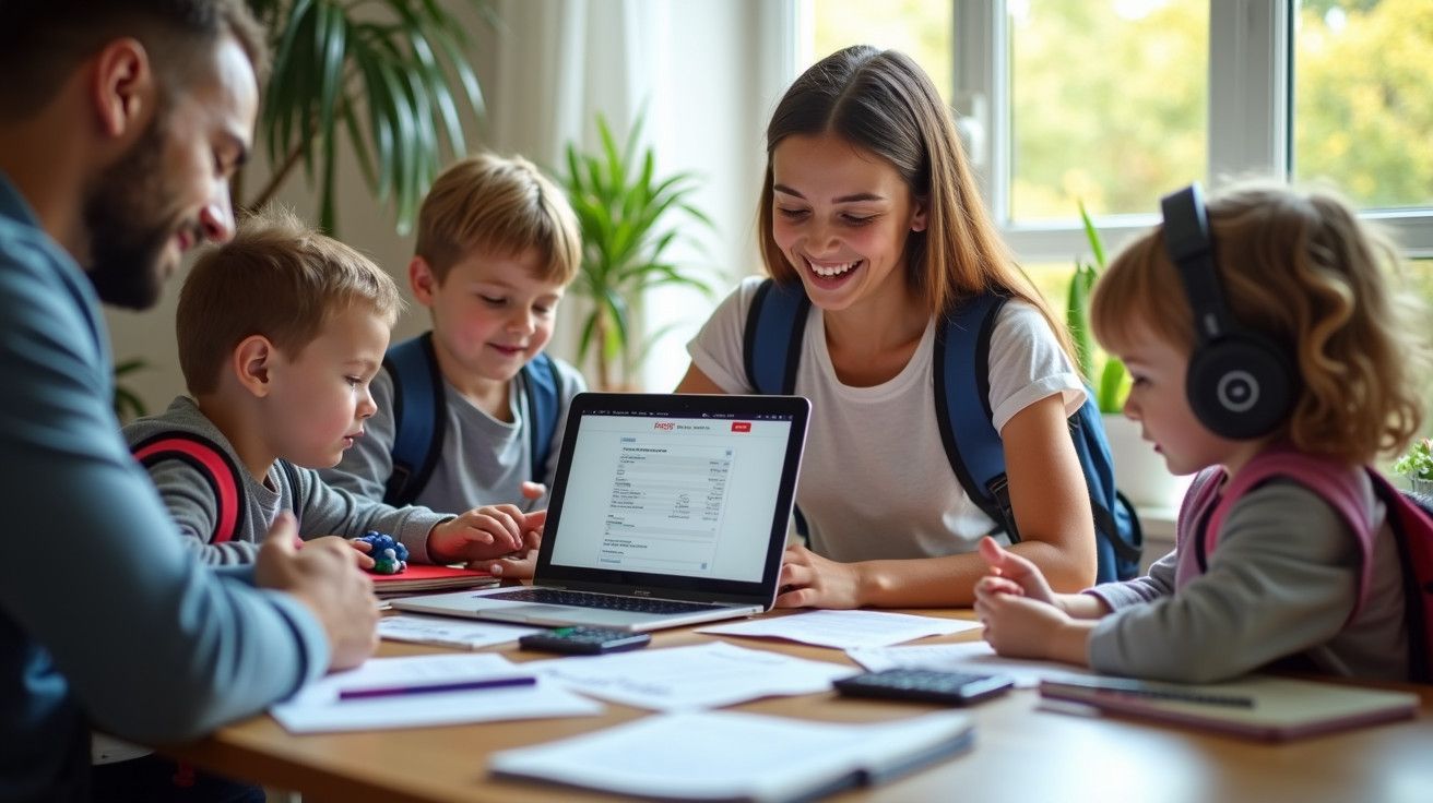 Família reunida em torno de uma mesa, a olhar para um portátil. Crianças com mochilas e auriculares.