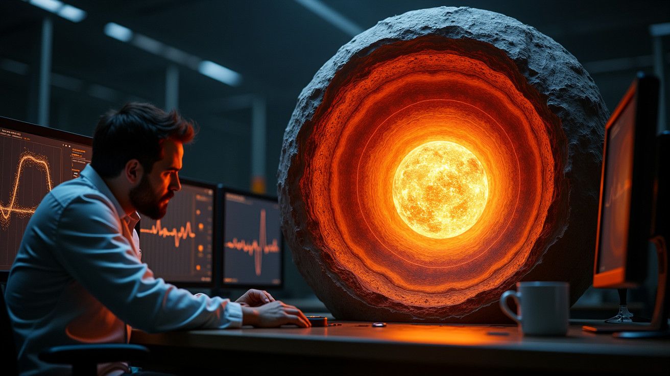 Homem analisa grandes monitores com dados científicos e modelo de planeta luminescente em laboratório escuro.