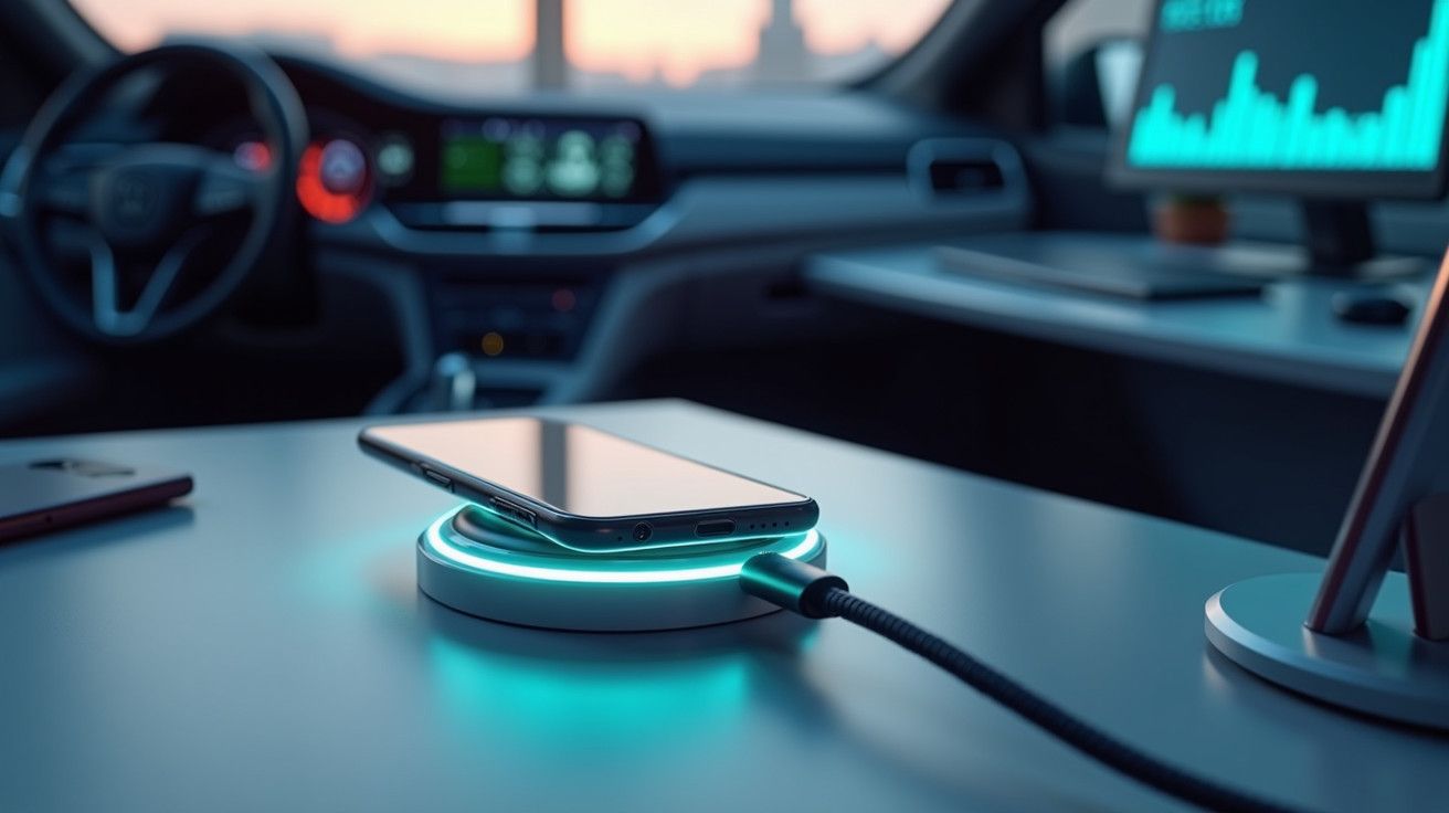 Smartphone a carregar sem fios num carro moderno ao pôr do sol, com ecrãs e luzes de fundo visíveis no interior.