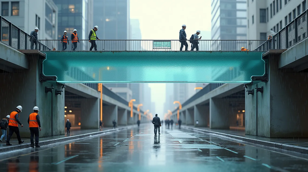 Passagem superior em cidade com pessoas de colete e capacete. Rua molhada reflete edifícios altos.