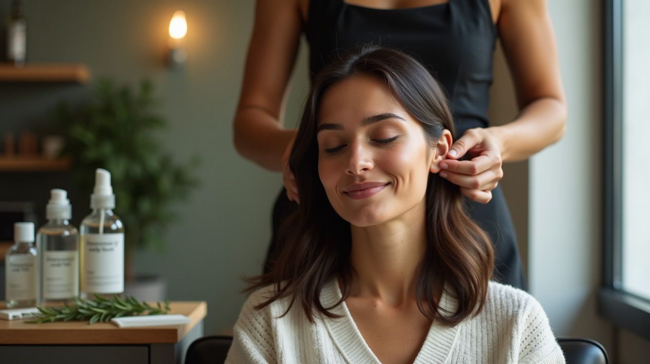 Mulher relaxando enquanto recebe massagem na cabeça em salão, com frascos de óleo e plantas ao fundo.