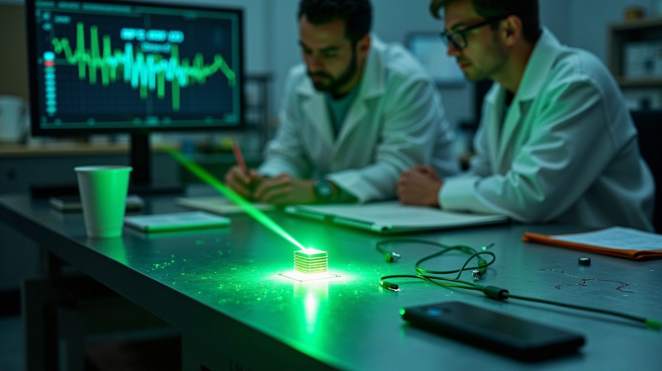 Dois cientistas em jalecos observam um laser verde em uma mesa de laboratório. Tela mostra gráfico ao fundo.