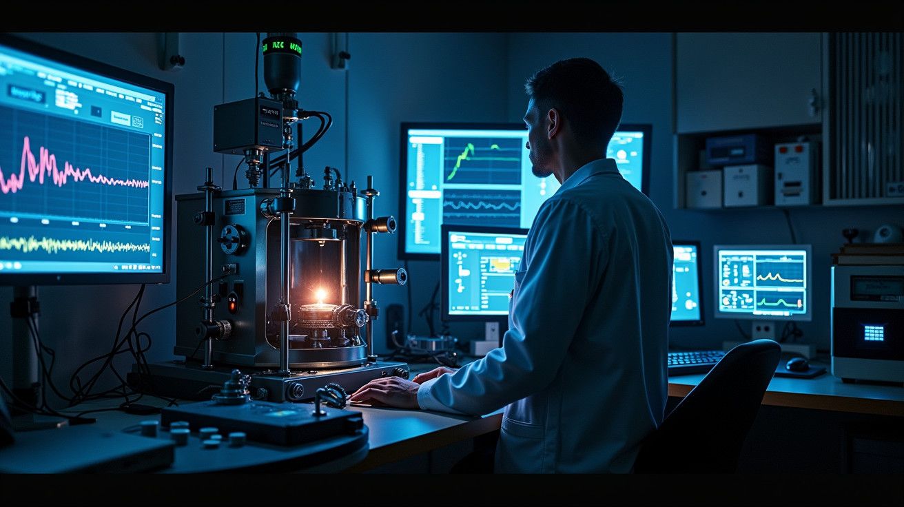 Cientista analisa dados laboratoriais em monitores ao lado de equipamento de pesquisa luminescente.