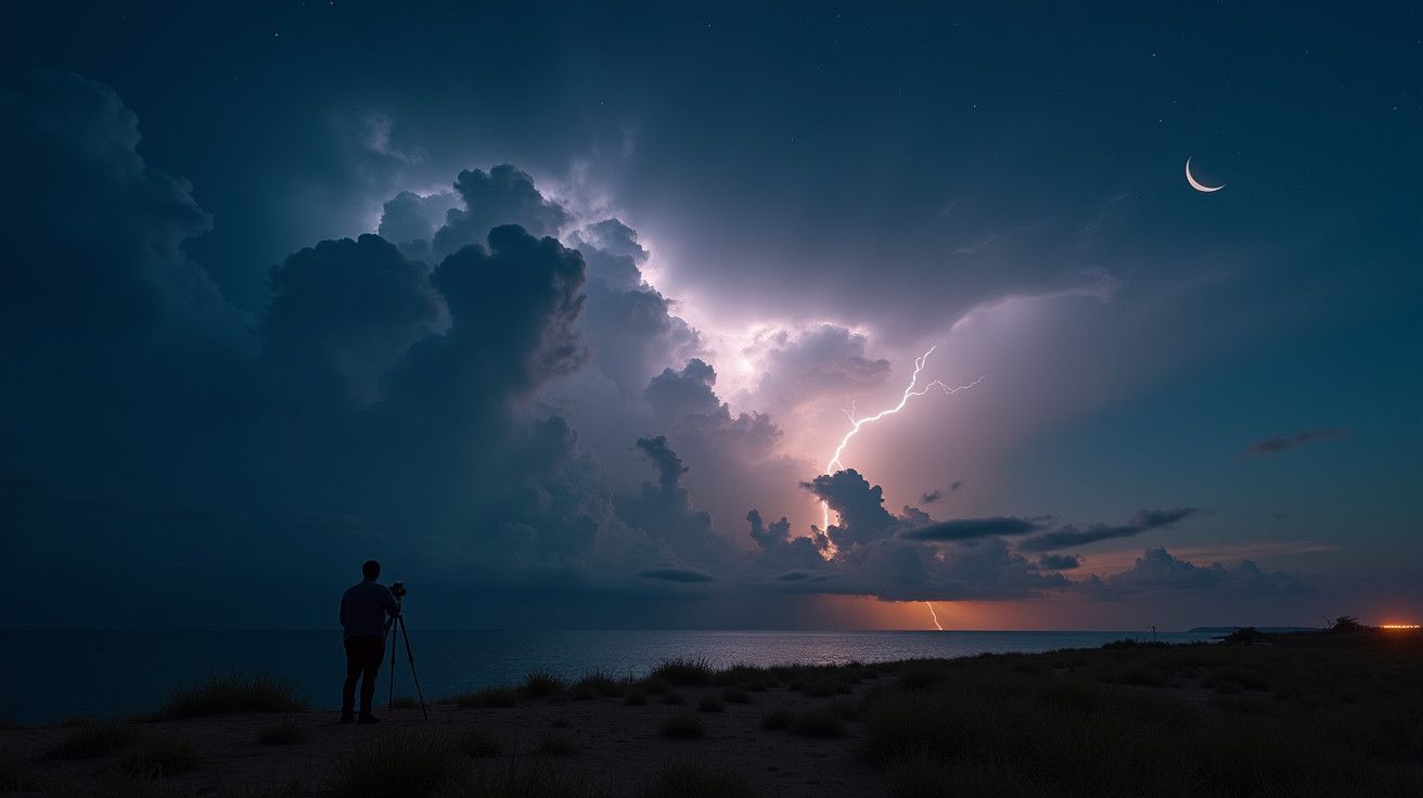 Fotógrafo capturando relâmpago no horizonte à noite, com céu estrelado e lua crescente.