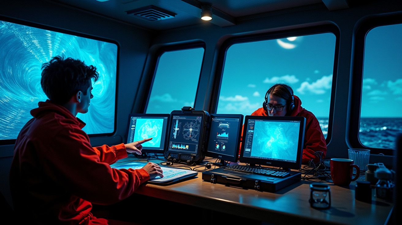 Duas pessoas num barco, analisando dados em computadores com janelas mostrando o mar e um céu azul ao fundo.