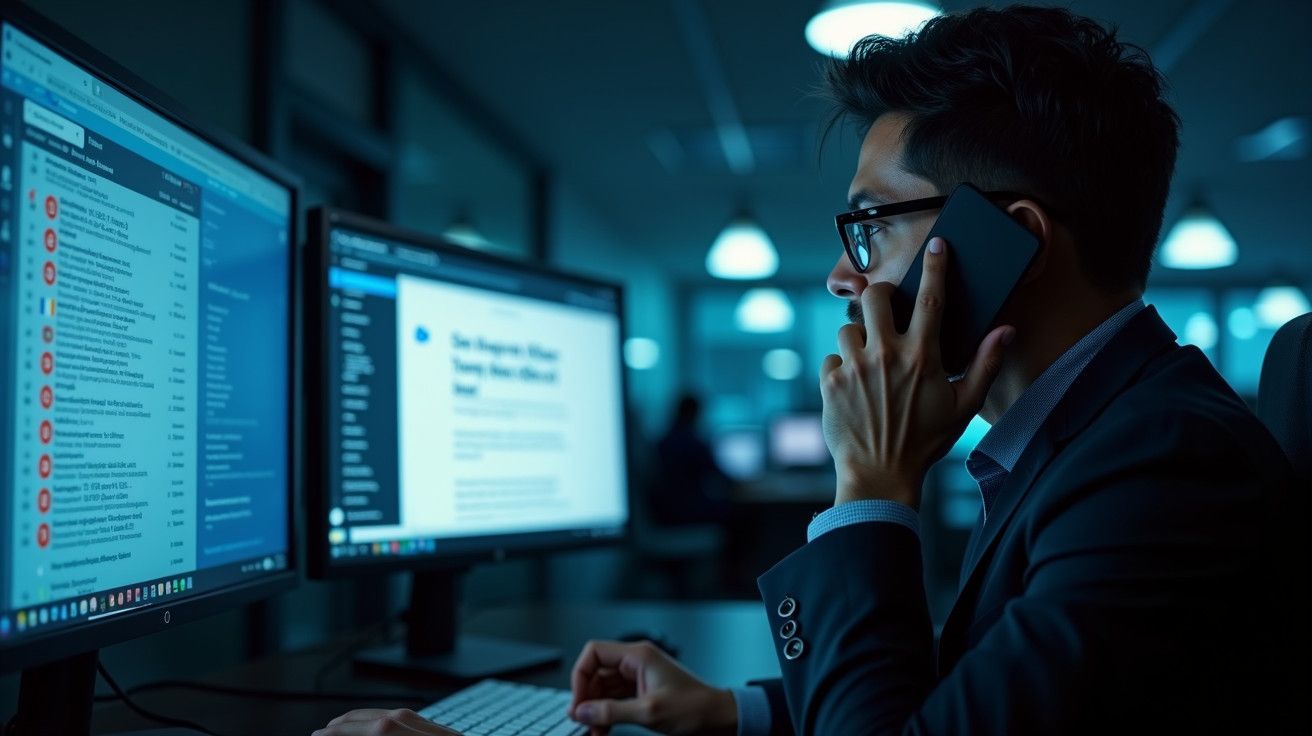 Homem de óculos usa telefone enquanto trabalha no computador em escritório noturno, olhando para dois monitores.