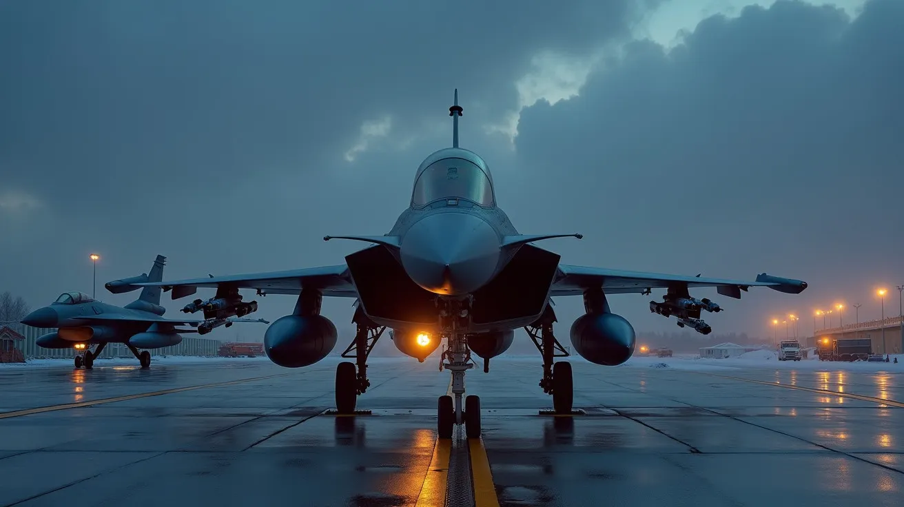 Dois aviões de caça estacionados numa pista molhada ao entardecer, com céu nublado ao fundo.