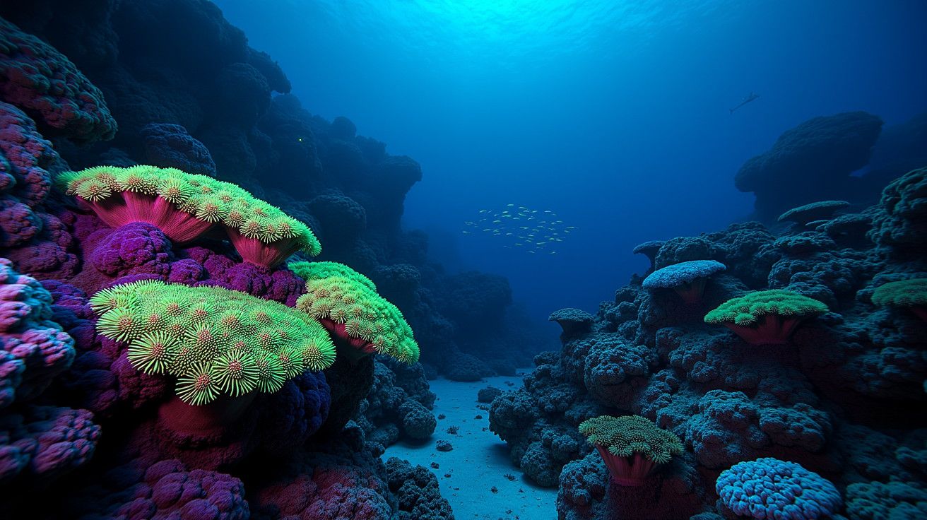 Recifes de coral coloridos em águas profundas, com peixes ao fundo sob luz azulada.