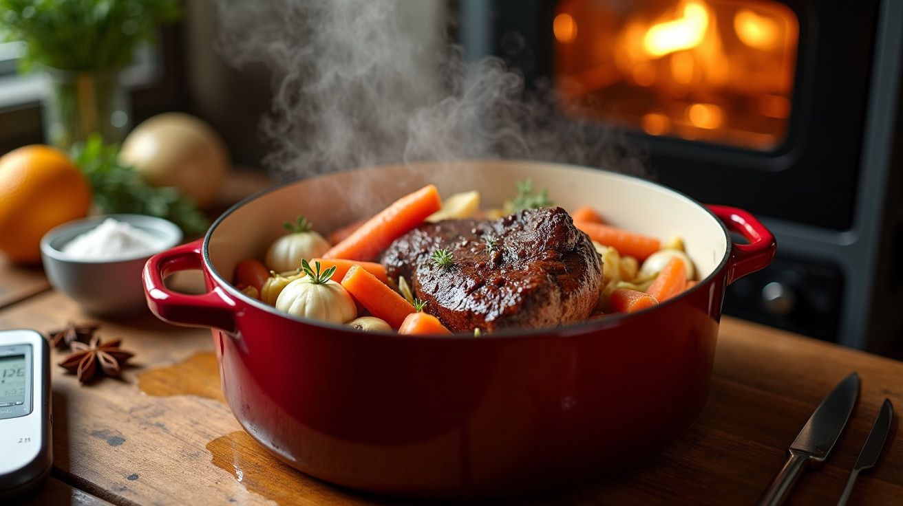 Tacho vermelho com carne assada e legumes cozidos, fumegando em cima de uma mesa de madeira, forno ao fundo.