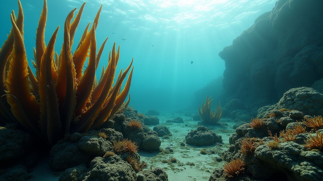 Paisagem subaquática com algas laranja e raios de sol atravessando a água azul-turquesa.