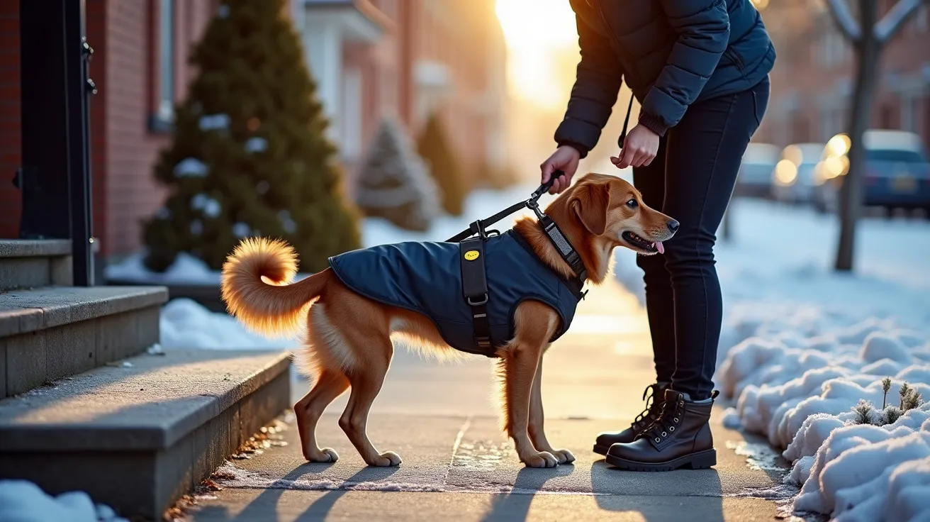 Pessoa veste casaco em cão durante passeio de inverno em calçada coberta de neve, com sol ao fundo.