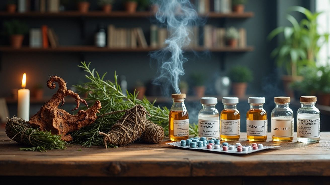 Frascos de óleos essenciais em mesa de madeira com ervas aromáticas e comprimidos, ambiente acolhedor e esfumado.