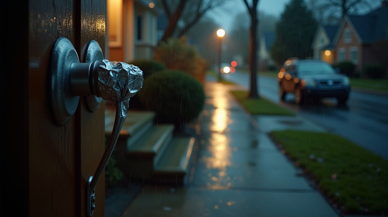 Maçaneta embrulhada em folha de alumínio numa porta aberta, vista para rua molhada à noite, carro estacionado.