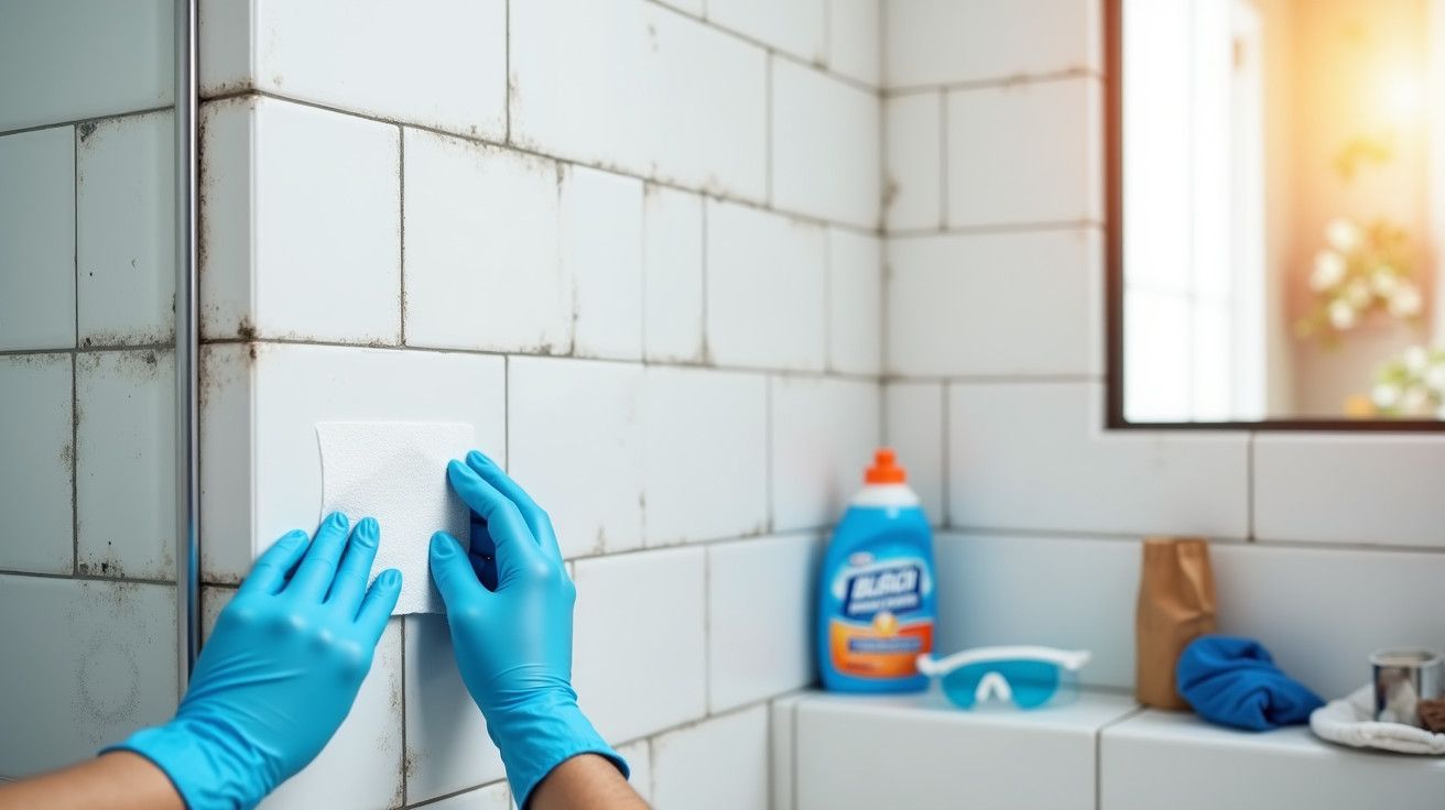 Pessoa a limpar azulejos de casa de banho com luvas azuis; frasco de detergente ao fundo.