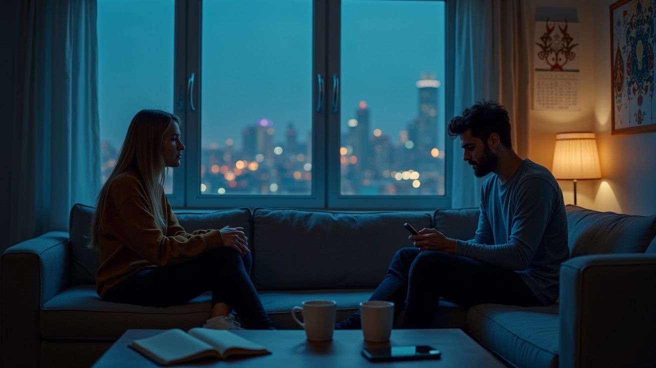 Duas pessoas numa sala iluminada por uma lâmpada, sentadas no sofá, com uma janela mostrando a cidade ao fundo.