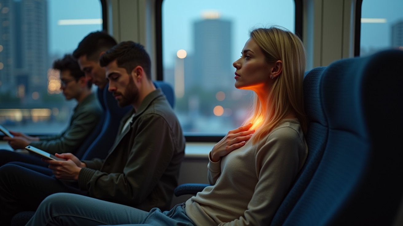 Mulher em comboio com luz no peito, ao lado de três pessoas a usarem dispositivos. Cidade ao fundo.