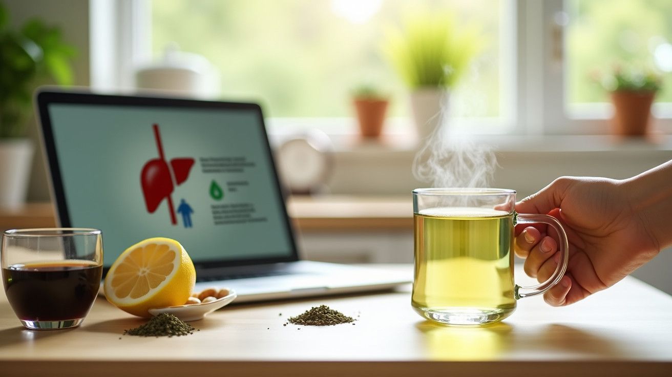 Chá verde fumegante numa chávena com computador ao fundo, fatia de limão e ervas em cima da mesa.