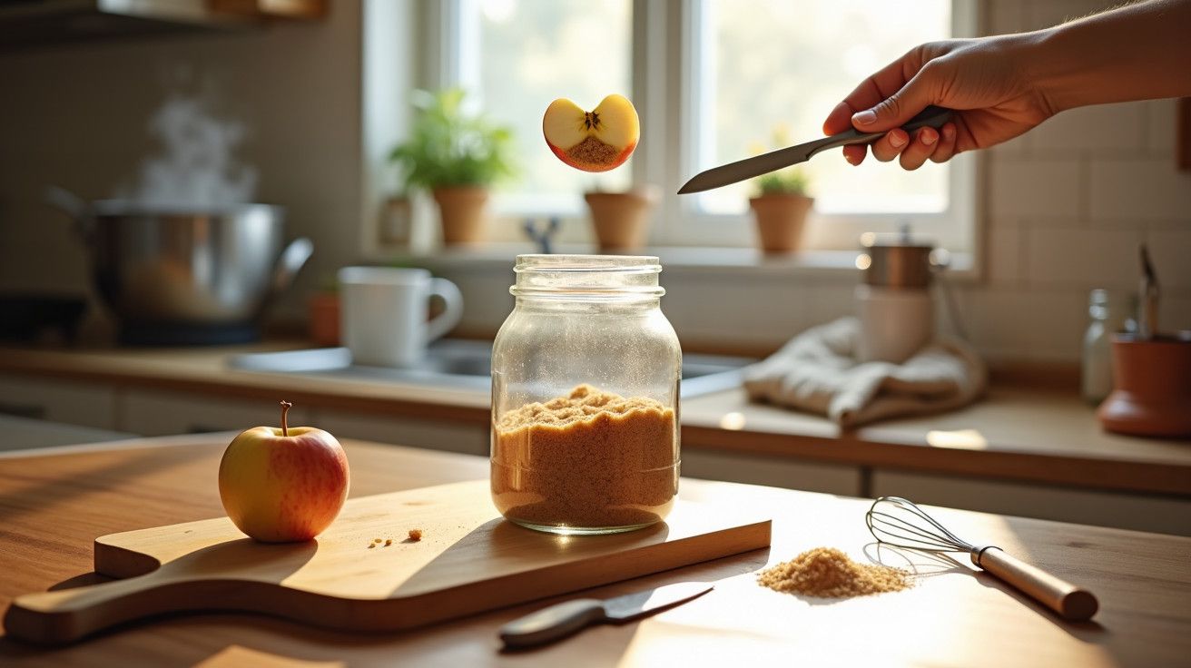 Maçã flutuando sobre um frasco de açúcar numa cozinha iluminada pela manhã, com utensílios de cozinha ao redor.