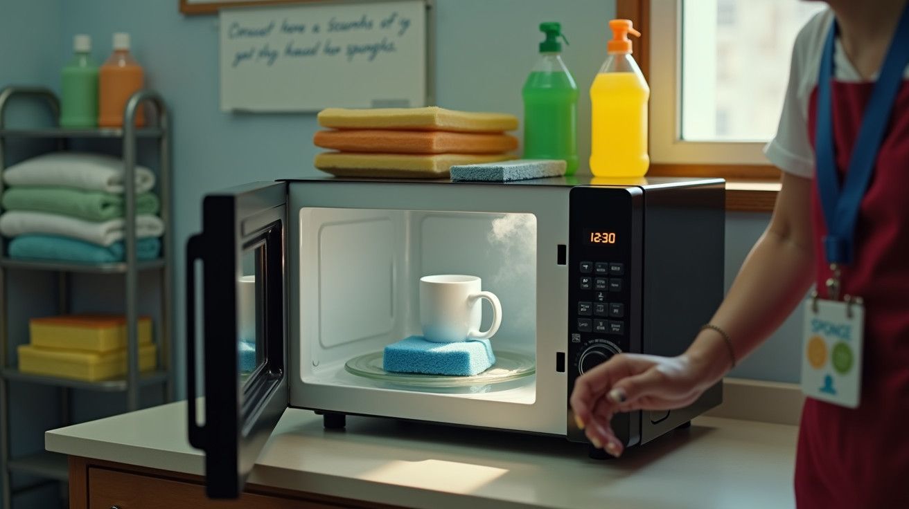 Micro-ondas aberto com caneca sobre esponja, rodeado de produtos de limpeza, numa cozinha iluminada pela luz do dia.